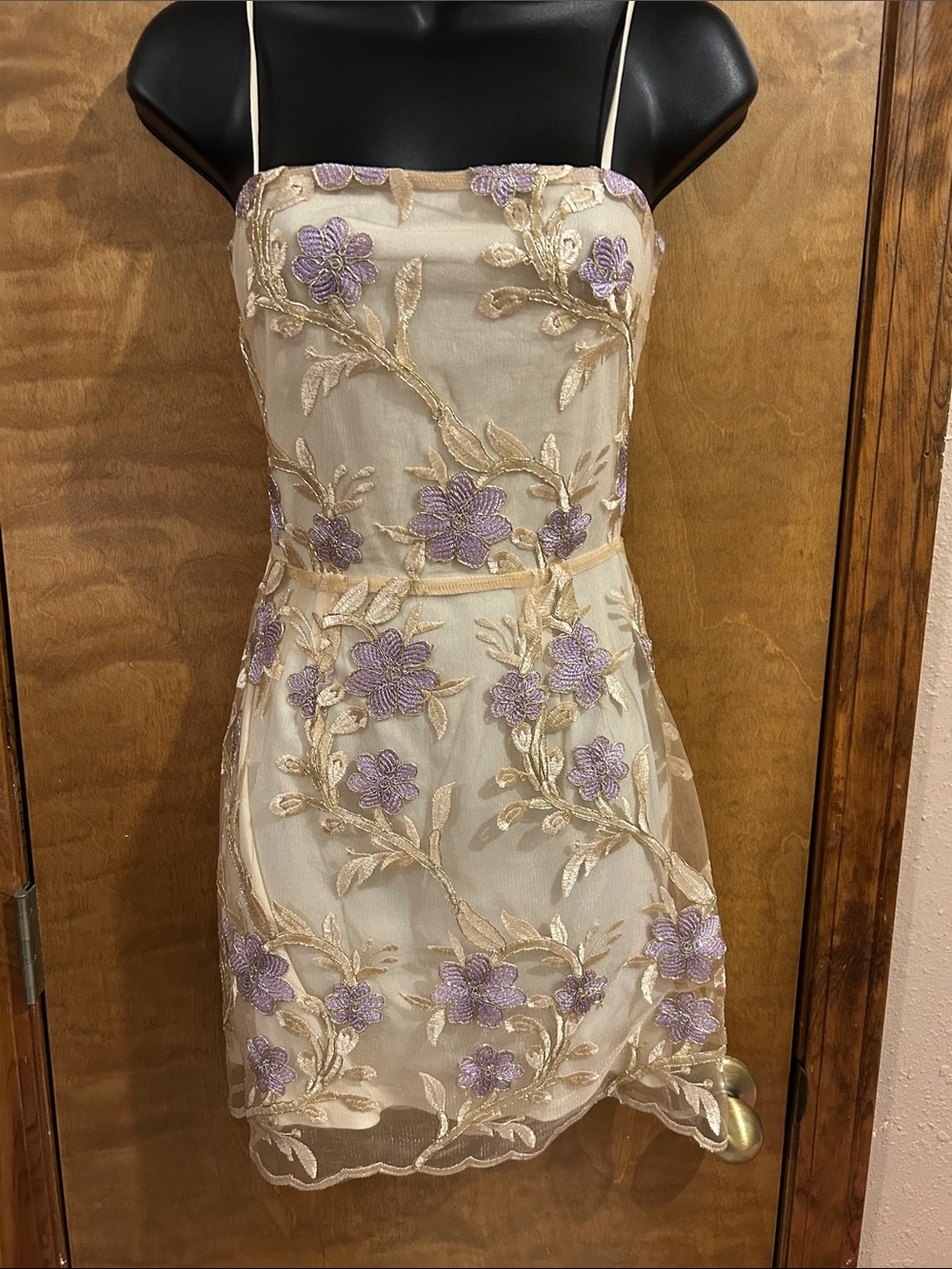 Floral Embroidered Sheer Mini Dress in Lavender and Cream - Homecoming